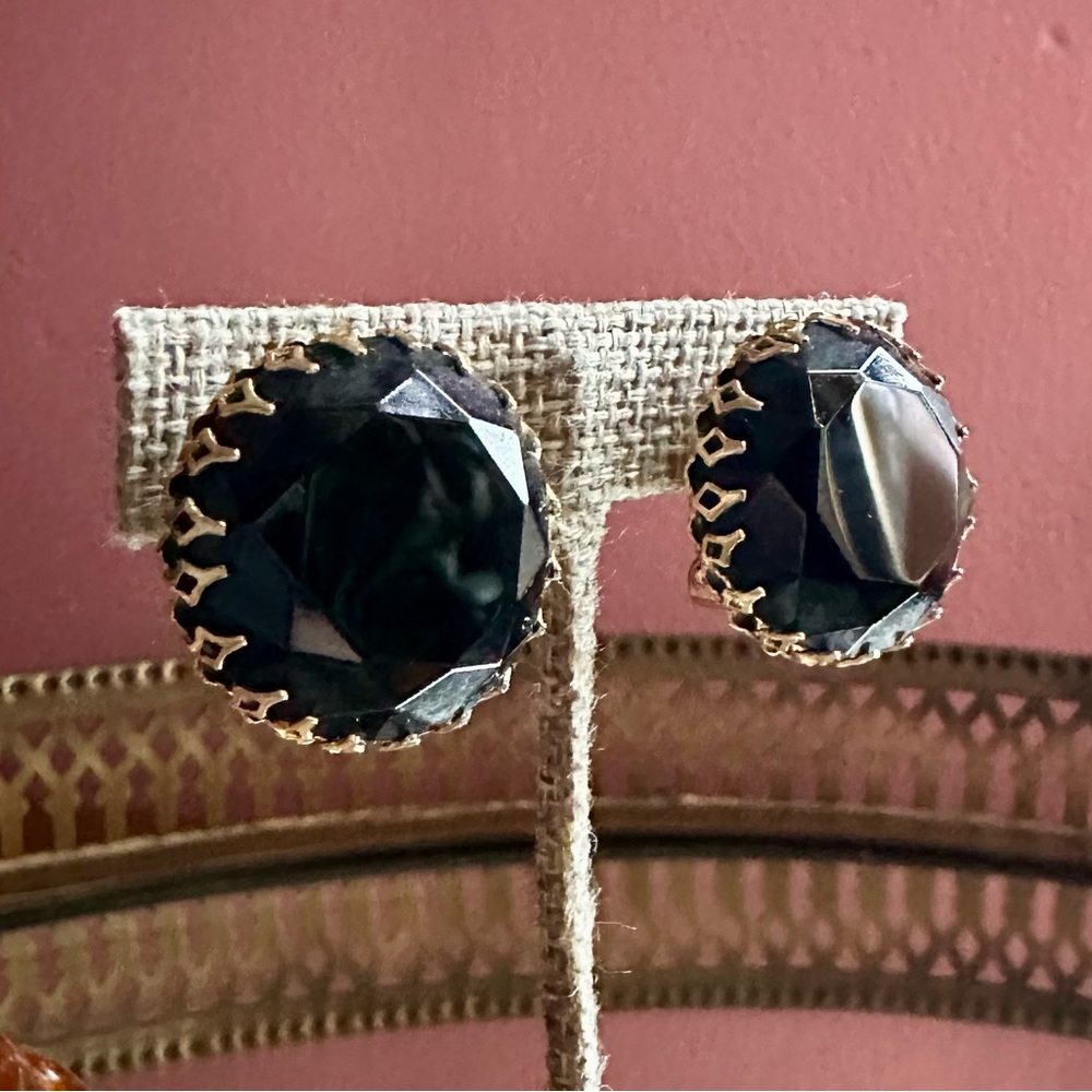 1970's Black Golden Glam Faceted Glass Cocktail Clip Earrings